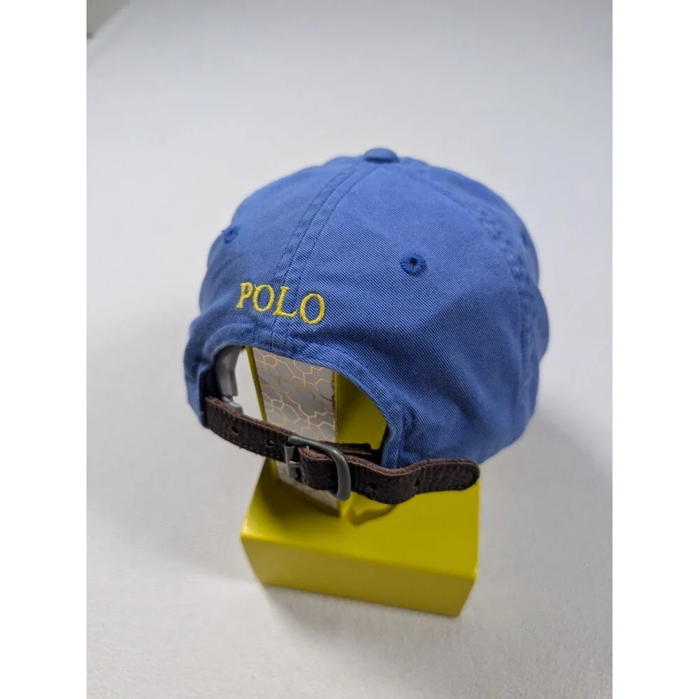 Vintage 90’s POLO Ralph Lauren Blue Yellow Pony Leather Strap Dad Hat Cap Y2K